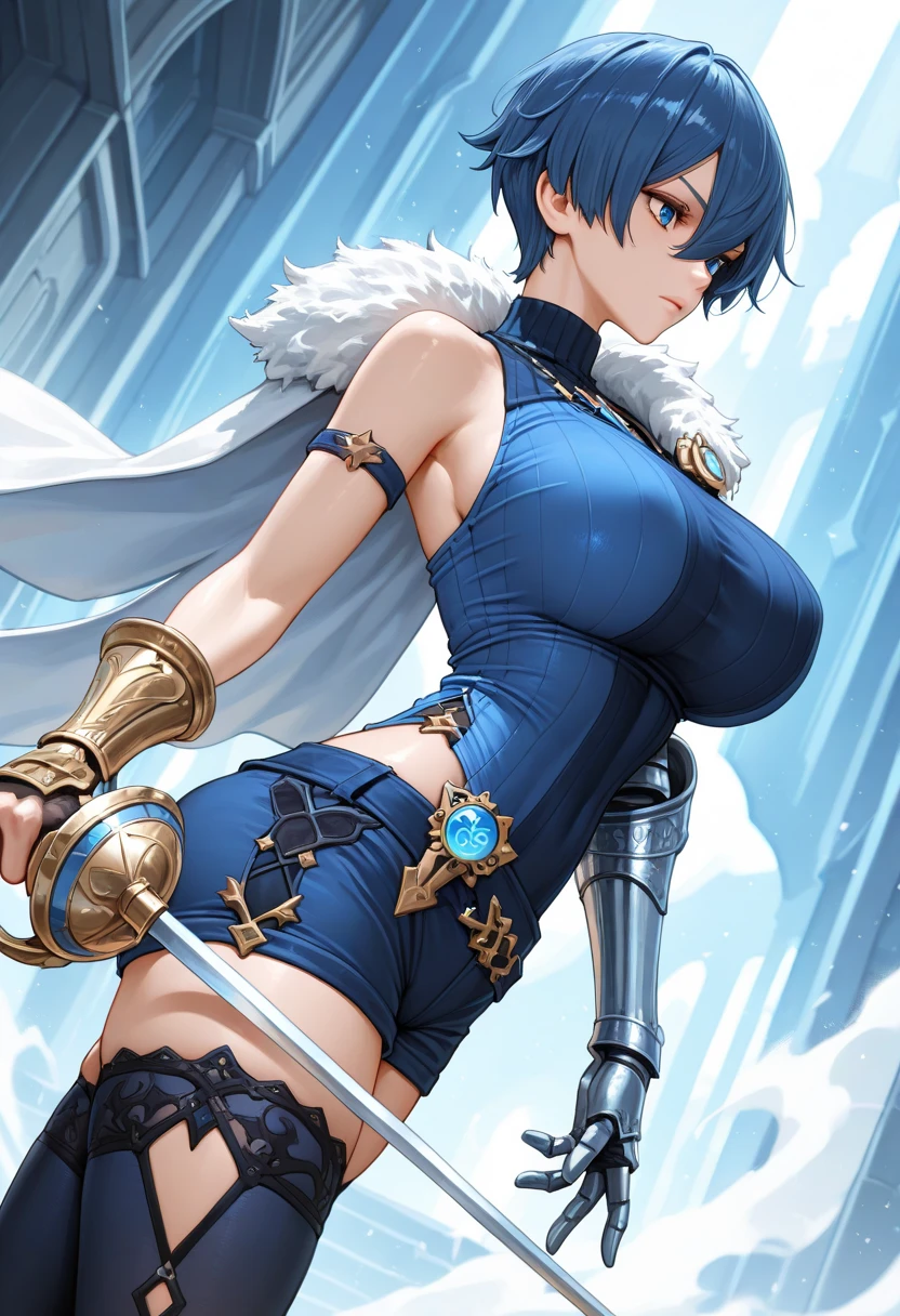 full body,masterpiece, high details, high quality, best quality, anatomically correct, masterpiece, textured skin, super detail,ultra-detailed, best quality, extremely detailed, 8k, high res, realistic, 1girl, , beautiful girl, (half closed eyes),(narrowed eyes:1.2),(open mouth), (blush:1.2),BREAK,(armor,navel exposed:1.8),blue beautiful eyes, (blue medium bob hair,asymmetrical parted bangs:1.6),BREAK,(voluptuous bust:1.5),(Gaunt , thin waist:1.3),(white background:1.5), 