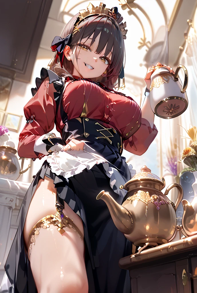 (masterpiece:1.8),(highest quality:1.8),(Super detailed:1.8),(8K:1.8),(Ultra-fine illustration:1.5),cute single mature woman,skinny,small ass,Up Twin Tail,flat chest,small breasts,(Shiny metallic gold color,ruffle panties),,Gold Corset,choker,Gold Long Gloves,gold boots,(Hide your face in embarrassment),(antique furniture)).angle from behind,