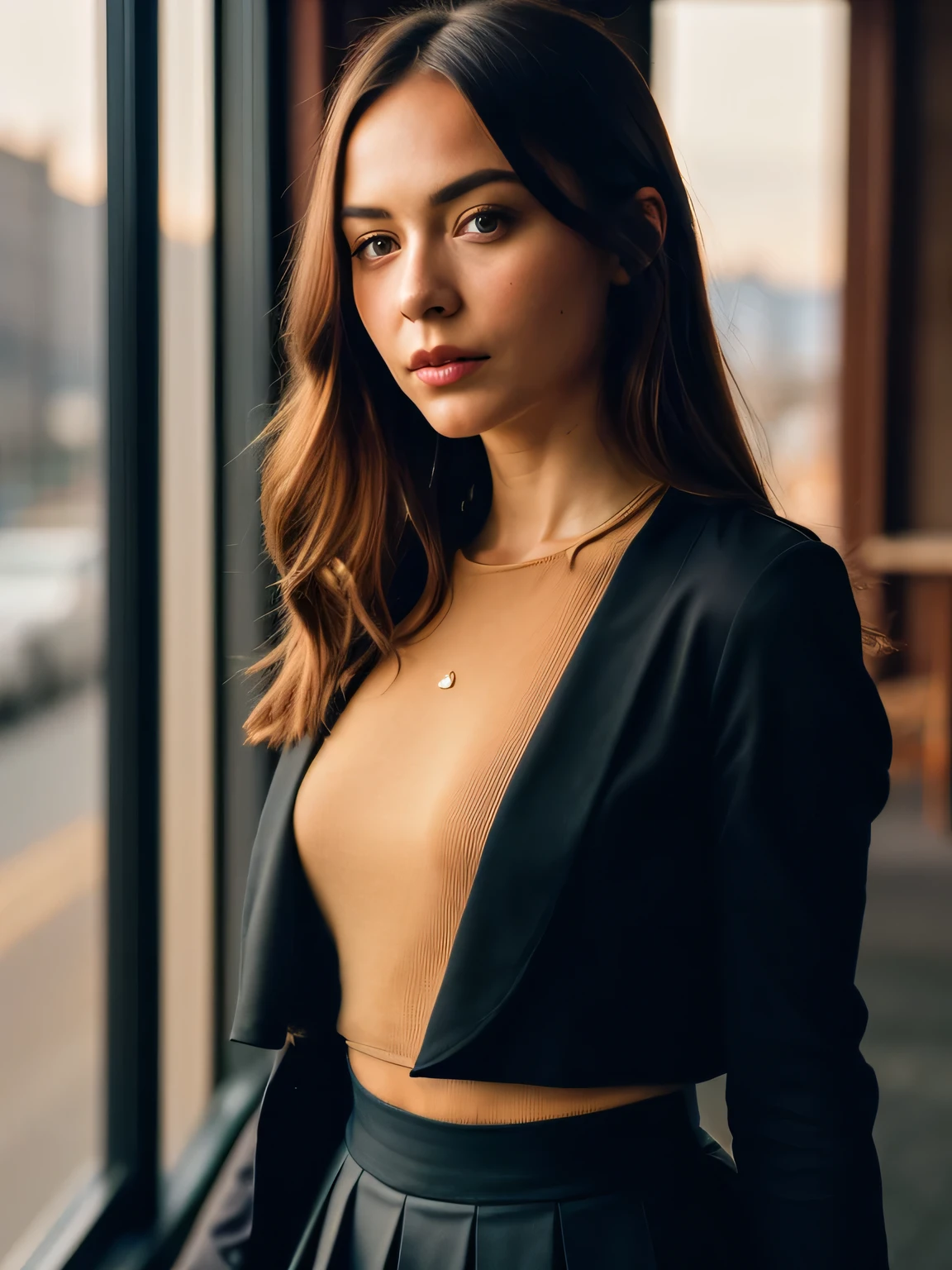 A stunning intricate full color portrait of (sks woman:1), in a black skirt, in full height, epic character composition, illya kuvshinov, Alessio Albi, nina masic, Sharp focus, natural lightin, sub-surface Scattering, f2, 35 mm, film grains,