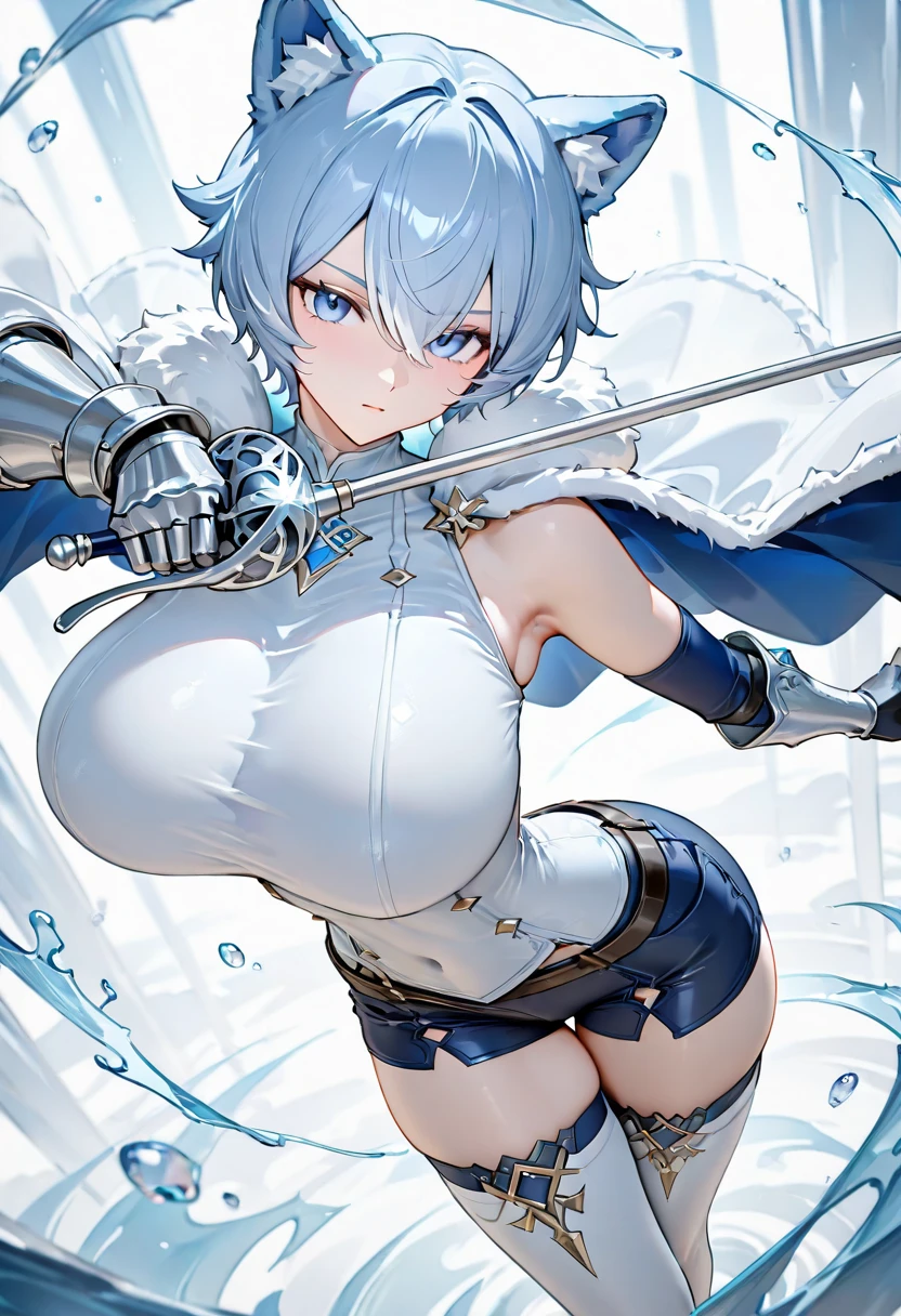 1 girl、Silver short hair、knight、Less Armor、Lots of cloth、Blue and black decor、Chest a little big、Ice crystals、Expose、Carrying a weapon