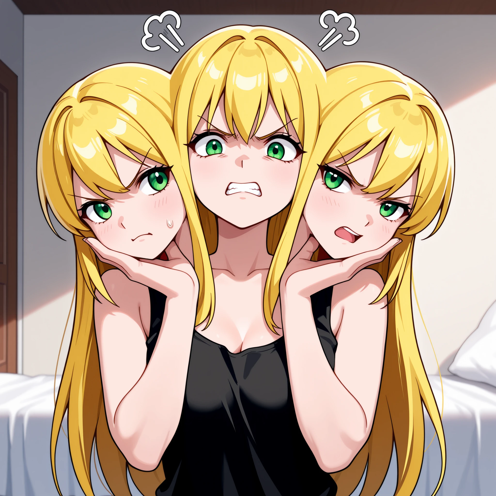three heads, anime girl with three heads, blonde hair, green eyes, angry, frustrated, fighting with herself, arguing, tugging in different directions, pushing against herself, hands against own cheeks, black tank top, bedroom