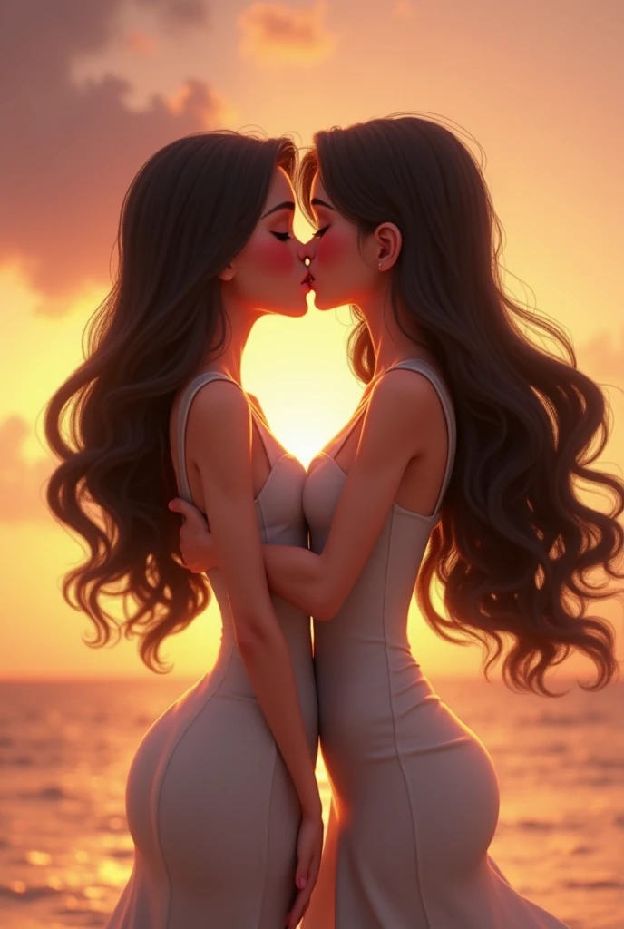 Two people who love each other、birthday、Rose flower、Two sexy white girls that are very hot, exposure of half-naked chest, Metallic Dresses , Vibrant and gorgeous teen, Perfect body, beautiful gold and white gown, Strapless shoulders, front, slightly curly golden hair, Beach background, Loving, long gown, identical twins kissing, lips completely touching, touch each other&#39;s buttocks and breasts, Sexy