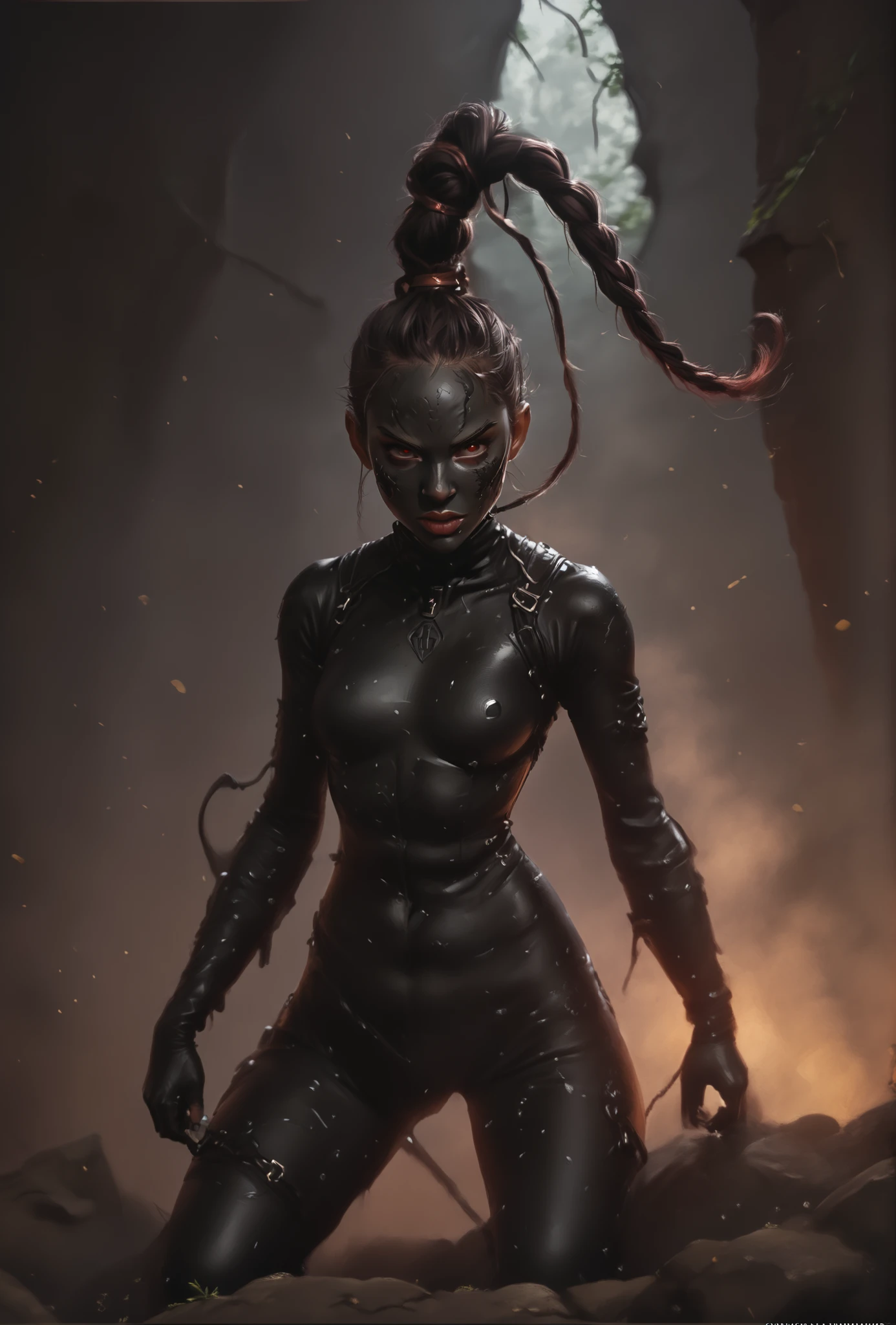 Slender latex slime-bodysuit. Black latex slime-skin-suit/synsuit. Black slime monster-girl. Horror. Cute 18-year-old Asian "venom" slimegirl with big Asian red eyes and slime-braid with white highlights. No mouth. She has a cute and beautiful face in a tight black latex mask. She has a round and young face with a pointy chin. Her black latex slime-body is athletic with abs. Background: medieval jungle ruins. Realistic lighting. DnD art-style. fake box art, semi-realistic, Looking at the viewer.