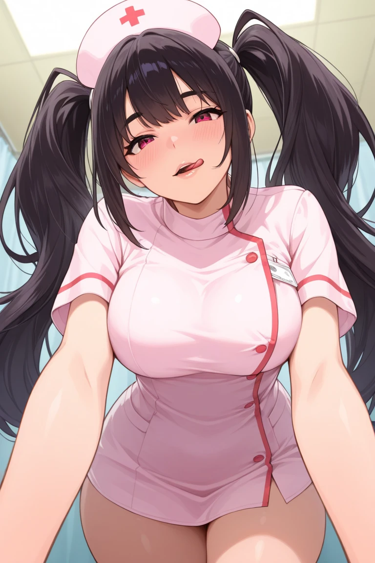 (nurse), ((Highest quality)), Very detailed, ((Very delicate)), [Very beautiful], (3D Style), One girl, 3/4 bodies, Majestic hall々A pose, shy and blush, blush, Nice face, Detailed face, (A small smile), Small lips, (happy and joy expression), ((Beautiful Aqua Detail Eyes)), (beautiful Detailed face), ([Realistic Face]), [Sharp jaw], Slim figure, Narrow waist, (Medium chest), Lean forward, [[[@Butter Leo]]], (Firm breasts), ((Cleavage)), (exposed Cleavage), (Crowded), Glowing Skin, three tones hair, Black Hair, Brown Hair, dark chocolate hair, (Long Hair), Hair hanging down on shoulders, (((white nurse uniform))), ((Short sleeve)), ((White pencil skirt)), ((((nurse cap)))), [Low cut top], silver hairpin, [Flower Hairpin], Small Necklace, Shiny Necklace, Earrings, shiny and very small Earrings, gemstone Earrings, Silver Bracelet, Metal Armband, Put armbands on both arms, (((figure))), [Realistic characters], (Medium Shot), View your viewers, (focus on breasts and Cleavage), From above, (Soft colors), ((Cinema Lighting)), ((Soft Shadows)), Dynamic Angle, indoor, sunny, Sitting, ((Sitting on counter of information)), (In the hospital hallway), Random patient in background, Background hospital room, ((Very detailed背景)), (Blurred Background), Nice hands, Perfect hands