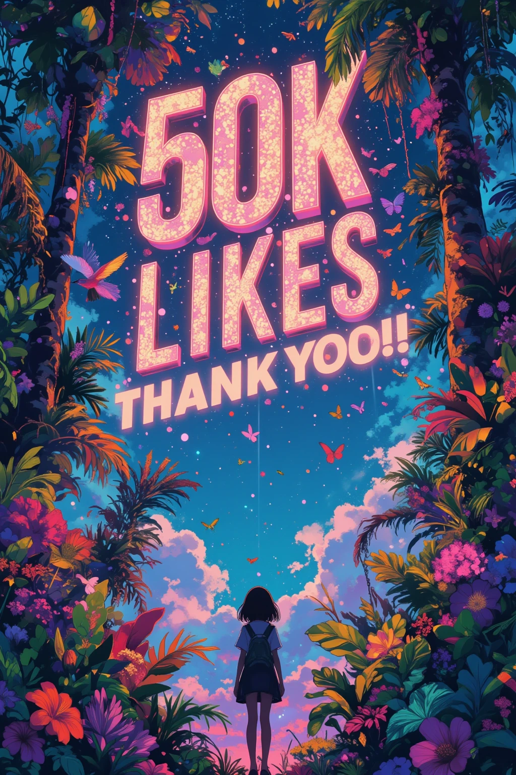 A beautiful woman in a skimpy bikini, wet skin glistening, holding up a sign that says "THANK YOU FOR 1000 followers", surrounded by a lush garden pool, oil painting style inspired by the masterful illustrations of Bill Sienkiewicz, highly detailed, photorealistic, cinematic lighting, vivid colors, dramatic shadows, depth of field, masterpiece