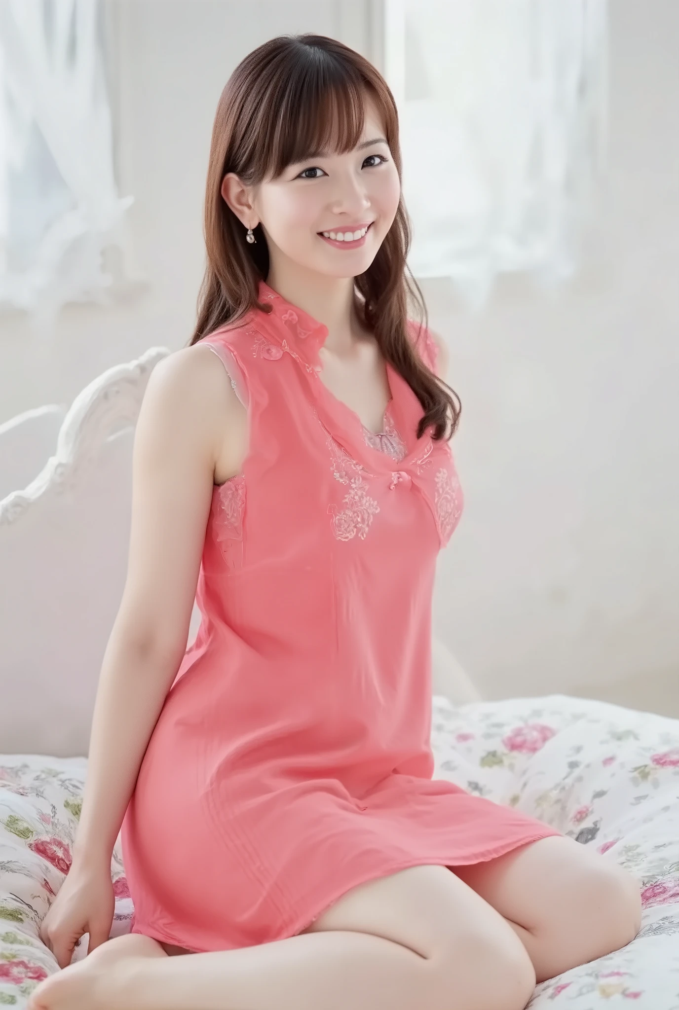 one beautiful girl、Dark red camisole, A dark-haired、 schools、early morning、14years、cute smile at the viewer, arms at sides, standing straight,