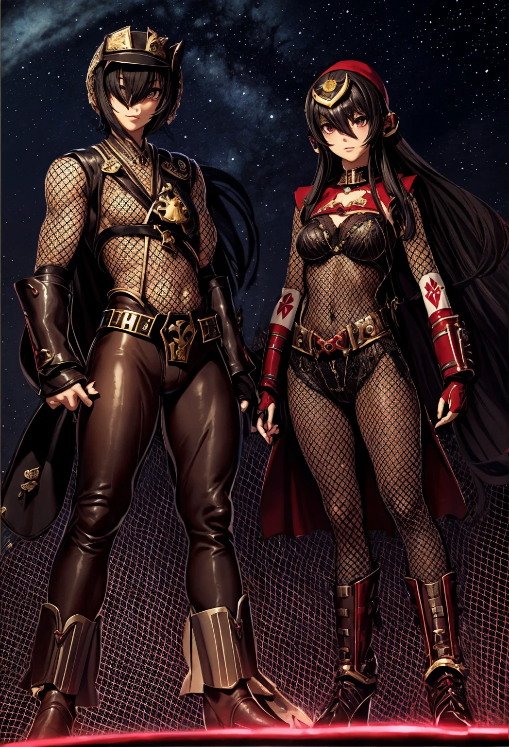 2 boys, toned、Wide and very bright black eyes, characters genshin impact keiyu and the guardians of the abyss, in underwear, large lumps in the perineum, Full length view、kiss, hands on hips
