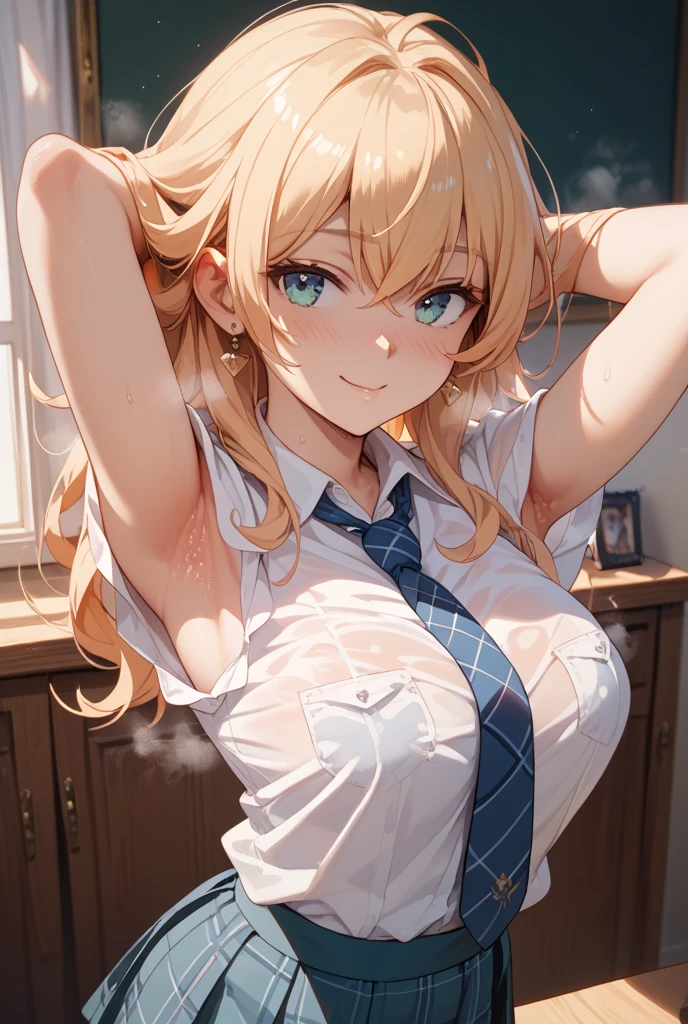 (One girl), Beautiful smile,(Wink:2.0),Blushing,Close your mouth,Glossy Lips,Abstract, School, masterpiece, highest quality, so beautiful, Absurd, up to date, Complex details, Pink long nails,AI-generated, Complex,High resolution, highest quality, super high quality,3D Images、View the viewers、3D Images,one person,Long Blonde Hair,blue eyes,Anime girl posing for photo, [[Fine grain、Colorful eyes、Shining Eyes:1.15]],(Squint your eyes),a hyperRealistic , hyperRealistic , Realistic , blonde anime girl with long hair, Smooth anime CG art, Beautiful anime school girl,White long sleeve blouse,Blue checked skirt,Big blue chest ribbon, Earrings,(Large Breasts:1.3), Mature Body,Fine details,Abdominal muscles,Shooting from below,(Tilt your face)