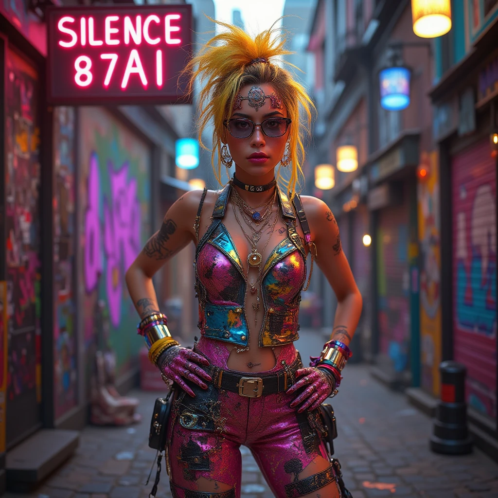 RAW photo, ((full body)), 1fairy, masterpiece, best quality, dynamic pos, ultra detailed, pale green glassed dress, glass body, fluid movement, light trail, dramatic lighting, green tone, long green hair, Photorealistic, Hyperrealistic, Hyperdetailed, analog style, detailed skin, matte skin, soft lighting, subsurface scattering, realistic, heavy shadow, masterpiece, best quality, ultra realistic, 8k, golden ratio, Intricate, High Detail, film photography, soft focus, in a punk style, piercings, tatoos, trash, garbages, color paint splats, coloured spoils, dust and scratches, punk crete, rainbow coloured hairs,synthwave,dark mood lighting