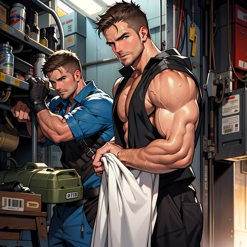 NSFW, SOLO MAN , clinic ambiance and background、detailed face , detailed body part , detailed hands , detailed fingers, A handsome tall man (((Stephen AMELL))) ,He is 40 years old,Thin waist,The pectoral muscles are well developed, He is 175cm tall,Weight 62 kg、blue-green eyes、brown hair color、short hair, wearing vintage jeans showing a nice ????, shirtless showing nipples and pectoral muscles , sitting on the exam table , and (((the doctor CHRIS PRATT wearing a white blouse ))) checking on his ???? , looking at the viewer ,Smiling , background clinic for men HEALTH