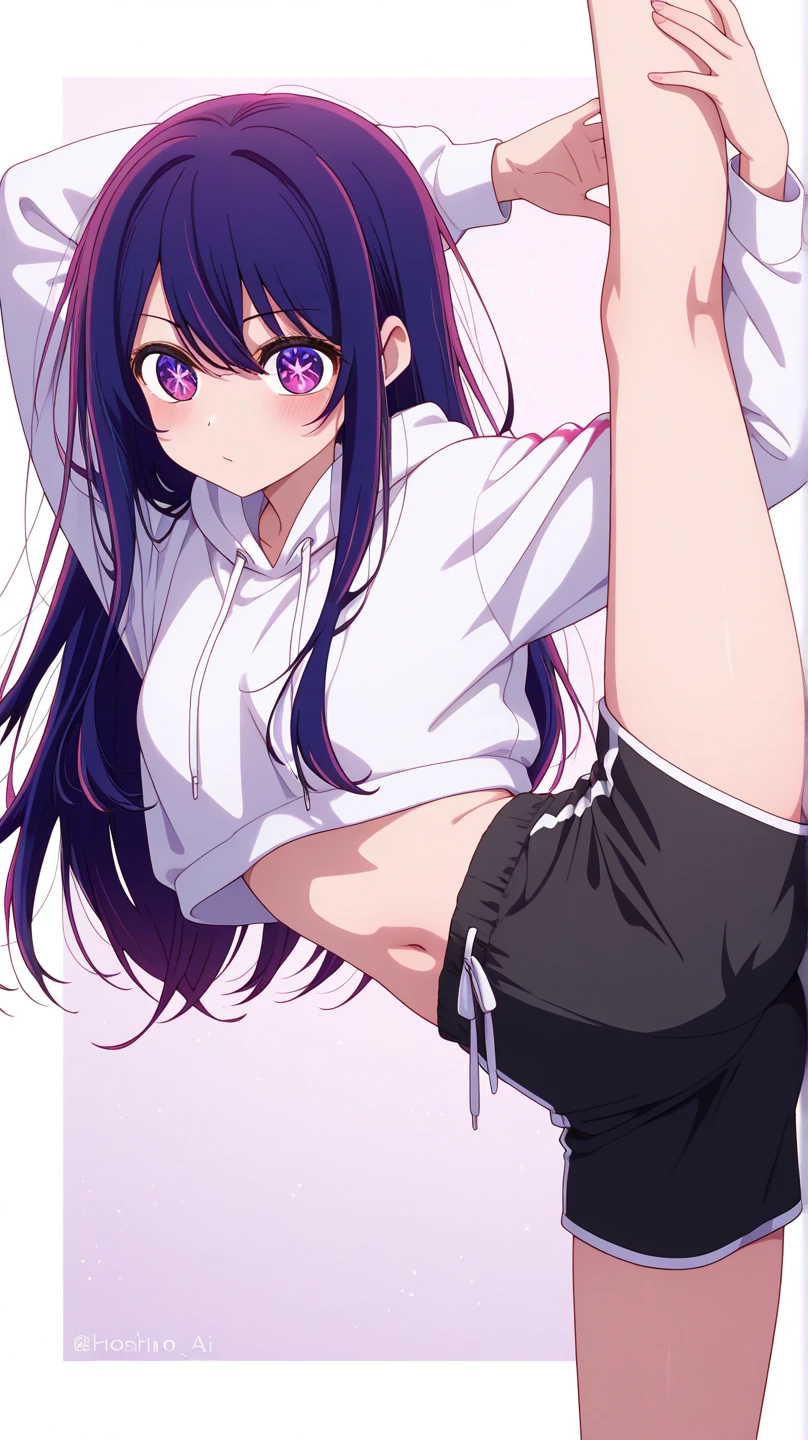 Anime, 1girl, solo, long_hair, purple_eyes, purple_hair, bare_shoulders, closed_mouth, upper_body, bangs, sidelocks, anime_coloring, white crop top, black athletic shorts