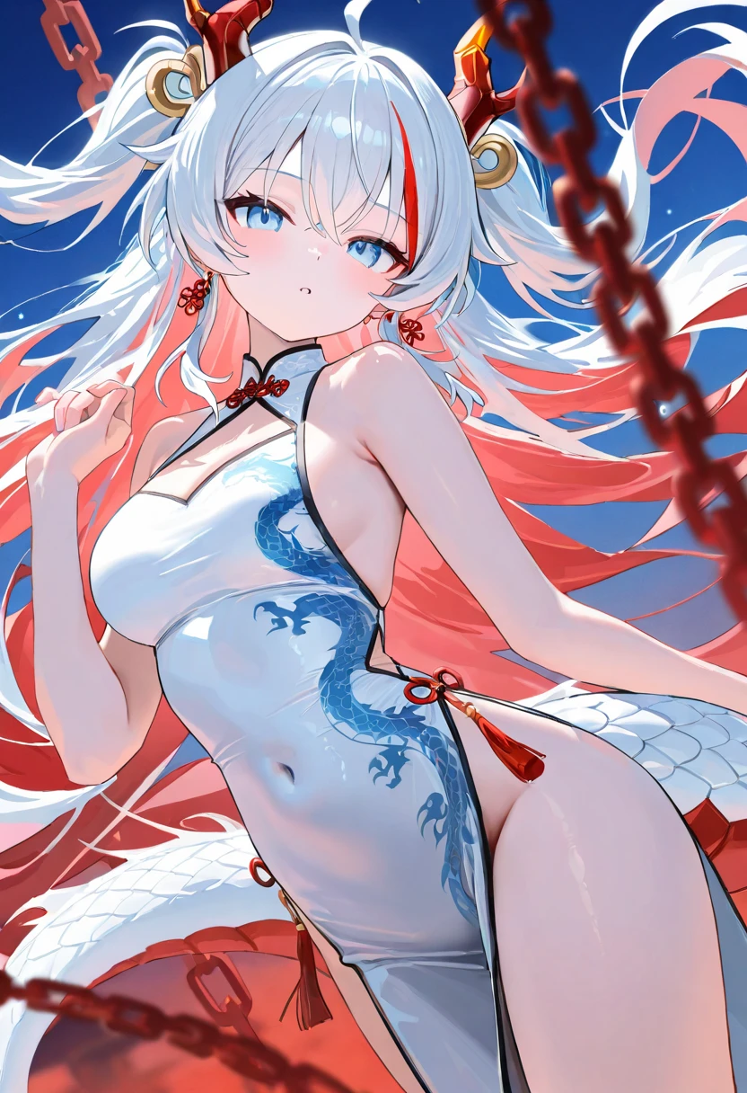 (8K,best qualtiy,tmasterpiece:1.2),(realisticlying,photo-realistic), (1girll), 独奏, huge tit, long whitr hair, sitted, close to viewer, (underdressing, Ming, Tomorrow morning, Erotic lingerie: 1.4), Light smile, (Arm behind your back), Eau, and the sun was shining brightly, (Sakura blossoms), Snowy mountain lake in the background,nabel,Back figure,Pregnant women with,posterior view,Dragon's horn