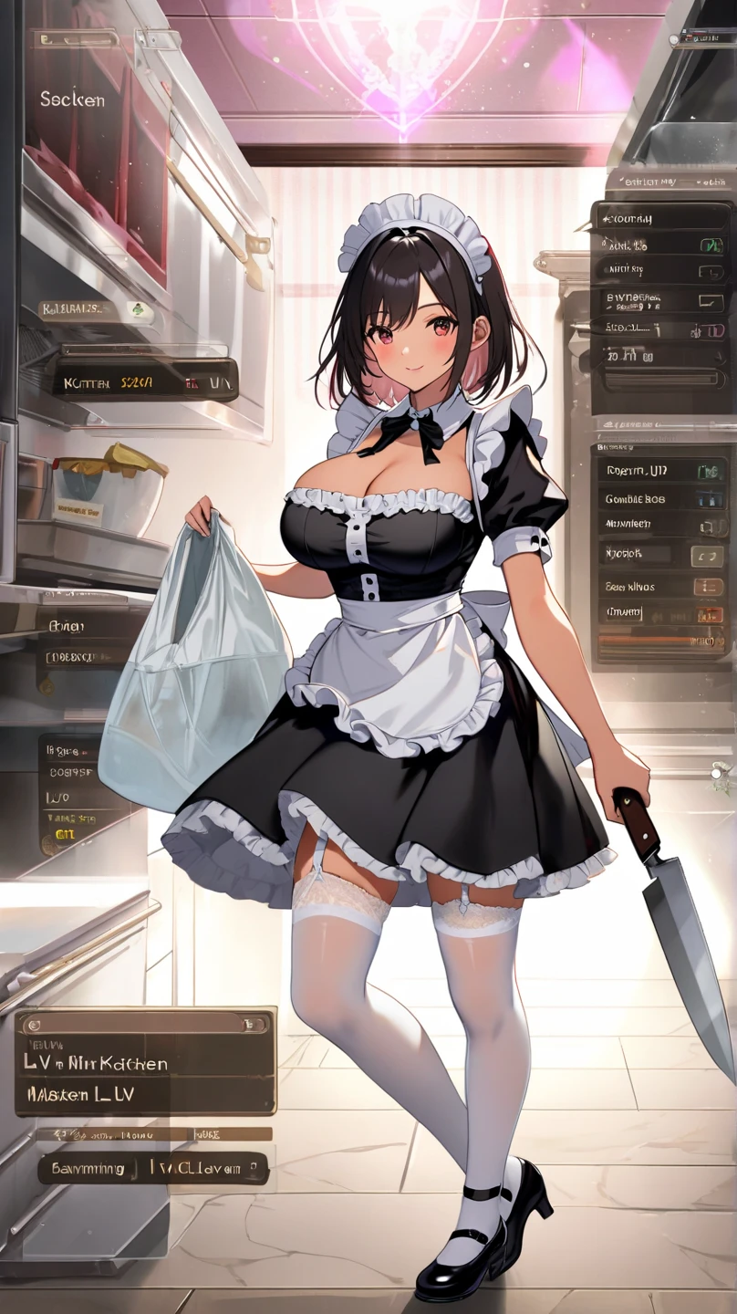 Highest quality, 1girl, solo, brown hair, brown eyes, large breasts, white top, black apron, thigh highs
