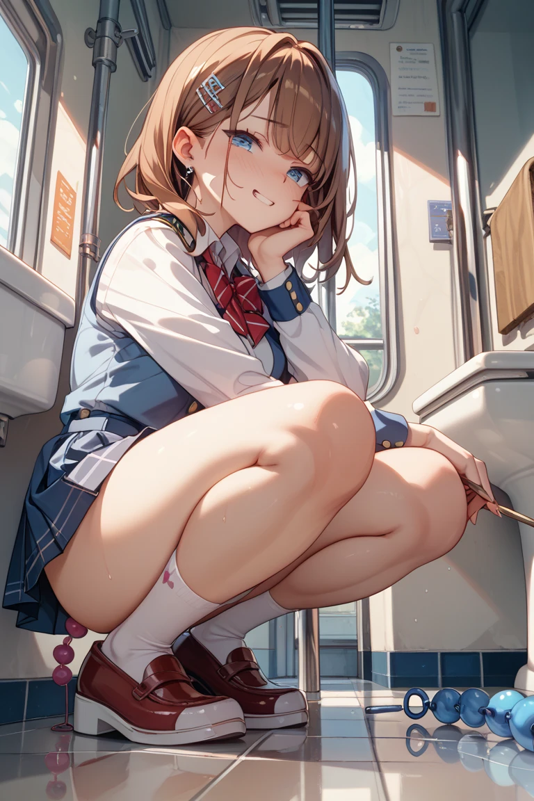 Perfect quality, masutepiece, 16 K, (From below:2.0), Beautiful girl sitting on train , Light brown bob hair, High School Uniform, Brown eyes, Sweat, blushed face, Plump breasts, Open her legs, Watching the phone,