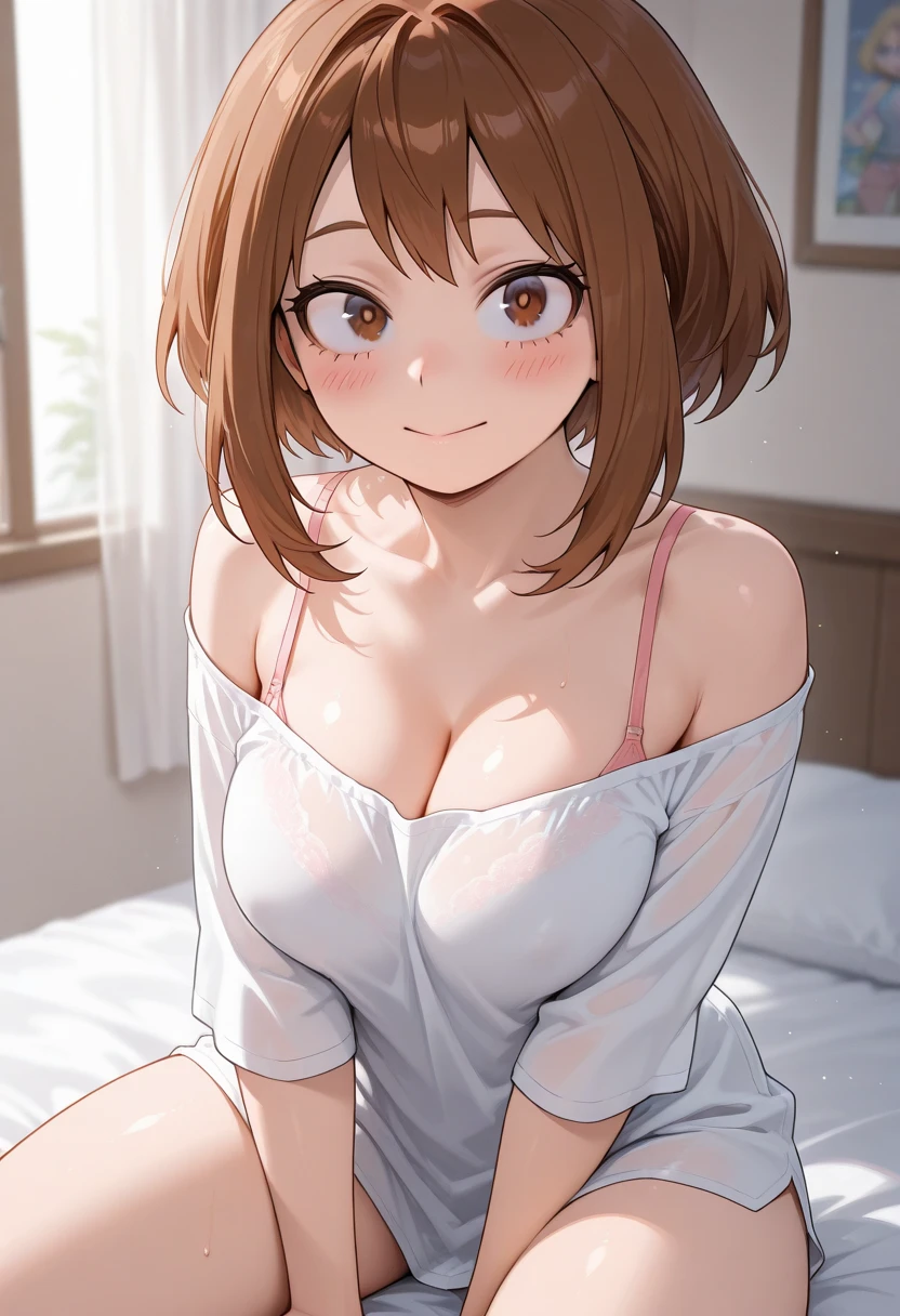 Ochako Uraraka, teen, sleepwear, fitted pajamas, unbuttoned shirt, open shirt, braless, showing breasts, medium breasts small nipples, fitted mini shorts, perfect and beautiful legs, perfect feet, perfect body, whole body, bedroom, sunrise, pose sexy, smiling, Masterpiece