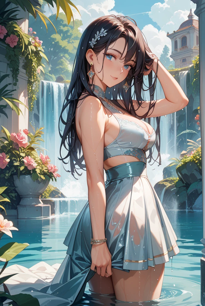 "Gorgeous and high-quality, highly detailed masterpiece that features two charming girls sitting near a waterfall. One girl touches the other's breasts, creating a seductive atmosphere." medium breasts, (leaning forward:1.5), (beautiful nipple slip:1.1), cleavage