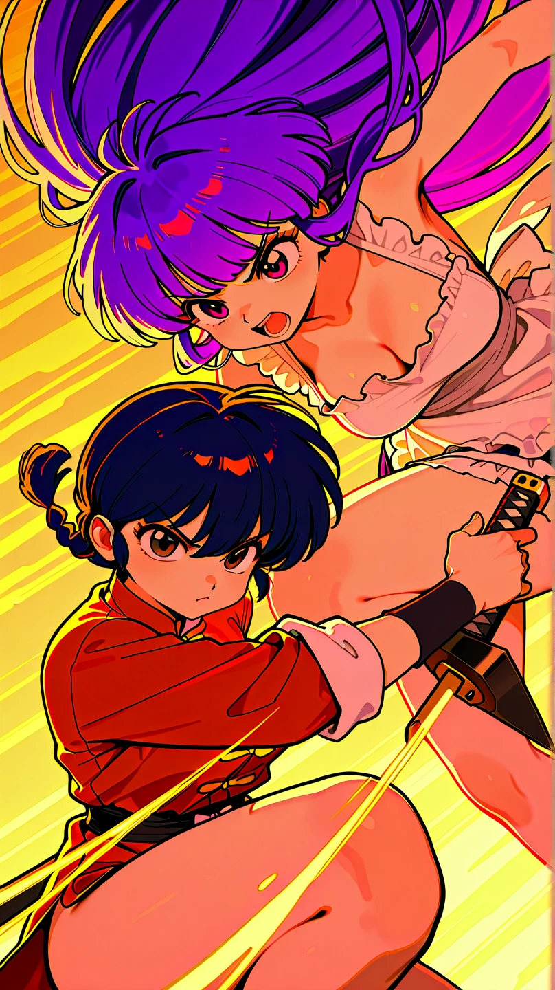 A tan-skinned, purple-haired samurai girl wearing a kimono