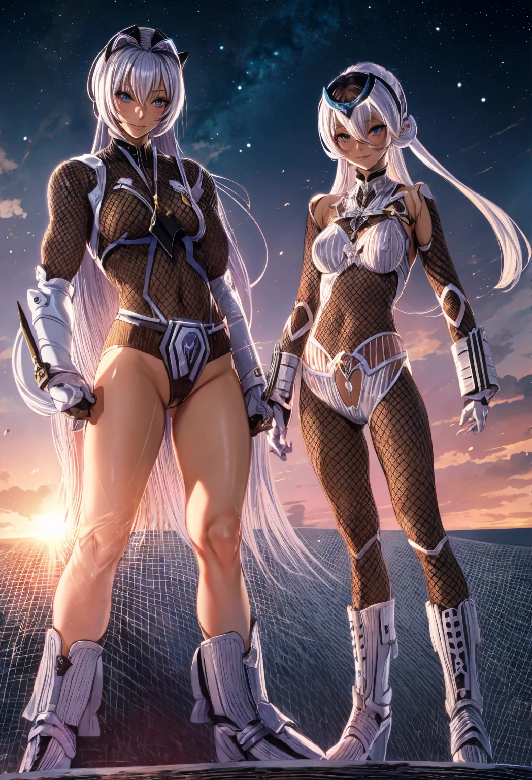 , two Girls, ,full body picture,thin micro bikini, robot implant arms, robot implant legs, circuit implants in belly,,beautyful face, beautyful body, perfect anatomy, long haired,sharp picture, high quality, ultrarealistic, 3D, bigital illustration, CGI,