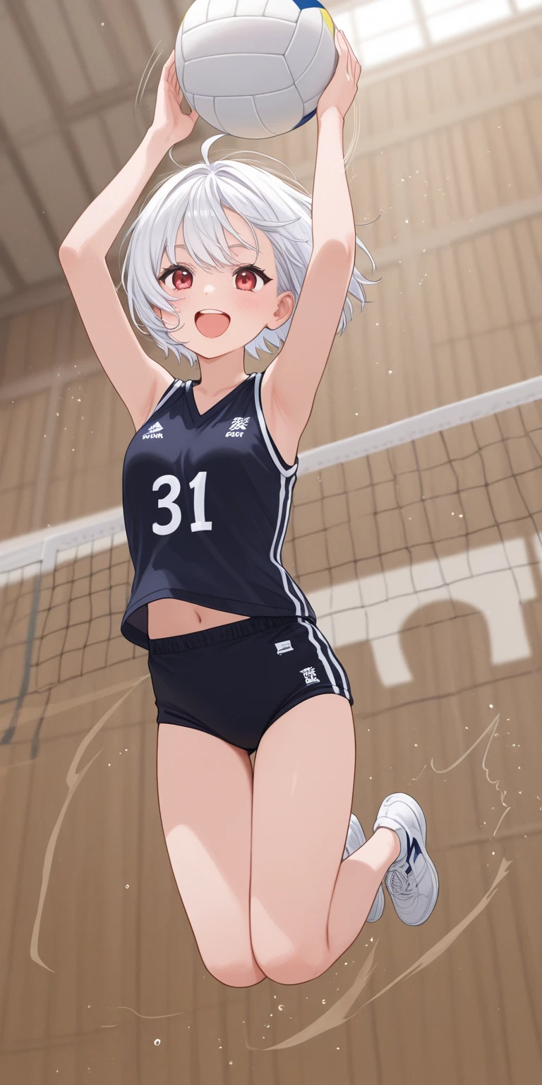 Anime girl white hair red eyes light skin medium large thighs medium breasts playing volleyball in tight and small black uniform