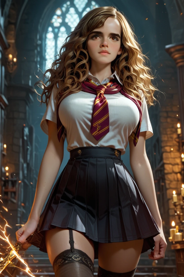 Masterpeice, Full-length view (portrait of a hot sexy blonde as Hermione Granger), in a Hogwarts uniform intimate, detailed, full body shot, very detailed face, green eyes, very sexy, Hogwarts shirt with opened buttons ,cleavage, short skirt, high heels, magic wand, black stockings, Hogwarts logo, Hogwarts Castle tower on background, (8k, uhd, DSLR, high quality, cinematic lighting, bokeh), (dramatic, award-winning photography, incredible masterpiece: 1.3), 16K, ultra high res.photorealistic, UHD, RAW