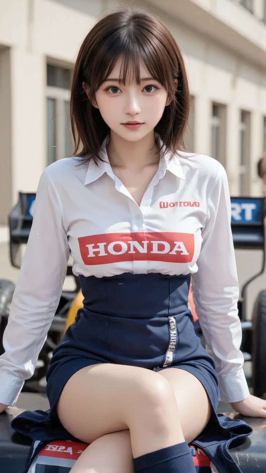 (8K, Raw photo, highest quality, table top:1.2), (realistic, Photoreal:1.37), 超A high resolution, 1 girl, 超mini skirt、18-year-old, (Idol:1.4), (famous actress :1.4), (beautiful and detailed face:1), bangle tea color floating hair), skin dents,mini skirt、 light makeup, (beautiful big breasts:1.3), (glowing skin:1.1), shiny skin, long limbs, slim, saggy breasts:1.3, tight waist, medium hips, thin legs, slim thigh, dynamic lighting, A face that gives a sexual impression, shiny texture, Lipstick, V-shaped eyebrows, V line chin, looking at the viewer, (long hair:1.perfect face:1.4), ((strong wind)), flowing hair, audience, (smile:1.3), blue sky, (((Monte Carlo Street Circuit))), (((racing car))), (((racing bike))), ((promotion girl:1.3)), ((grid girl:1)), pink lip, light makeup, (Wear elaborately recreated promotional costumes:1.10), lace up boots, cropped tops, (tube top bra:1), knee high, (((Nylon long sleeve jacket with many logos))), ((Nylon knee length long skirt)), (nylon glitter pleated skirt), small ass, ((promotional wear with logo)), (((orange and white glitter promotional wear))), fingerless gloves, black haired, brown hair, redhead, blue eyes, (dynamic angle), walk, lean forward, audience,