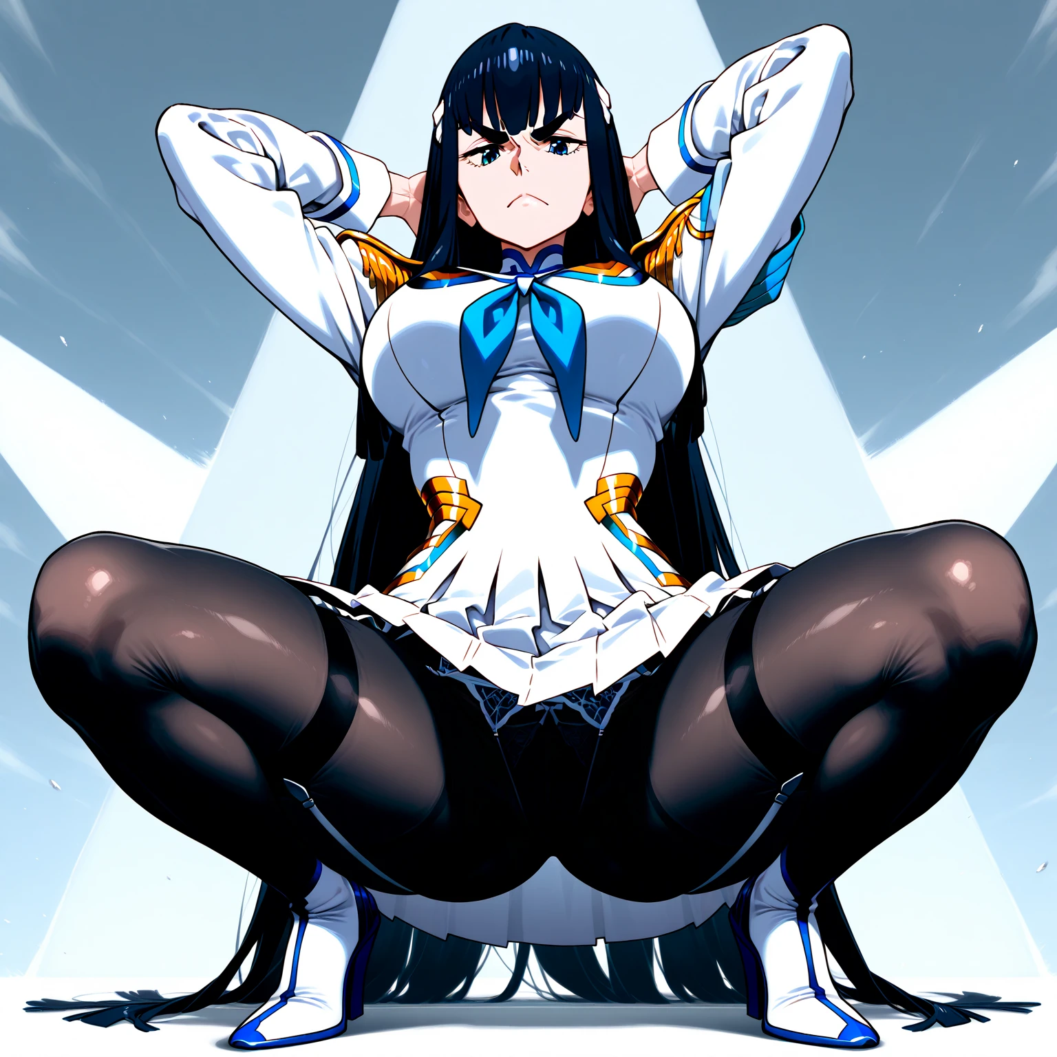 score_9, score_8_up, score_7_up, score_6_up, score_5_up, score_4_up , source_anime masterpiece, satsukiklk, long hair, black hair, blue eyes, thighhighs,skirt, epaulettes, indoors, looking at viewer crossed arms, serious, from below, looking at viewer, thick eyebrows, simple background, cleavage cutout, shoulder armor, pauldrons, full body, slight belly fat, soft belly, lower belly fat, 1girl, solo, close up, legs spread, fupa,