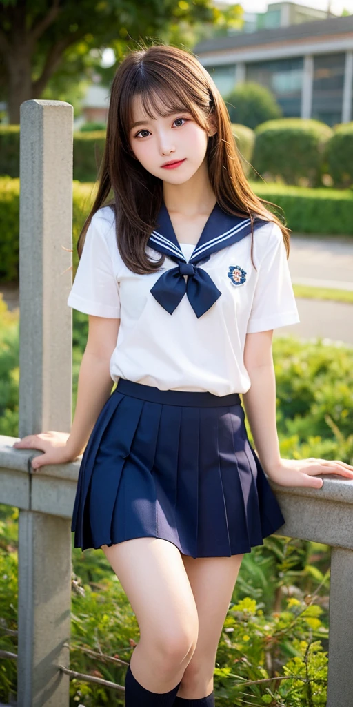 neat college girl, (school uniform, sailor uniform, ribbon tied at chest, summer uniform, upper body white, skirt is dark blue), outside the athletic field, (slim), photorealistic, detail, skin texture, ultra detail, delicate sexy collarbone, smile, super detailed face, detailed lips, detailed eyes, small breasts, small breasts, small, small, flat breasts, breast emphasis