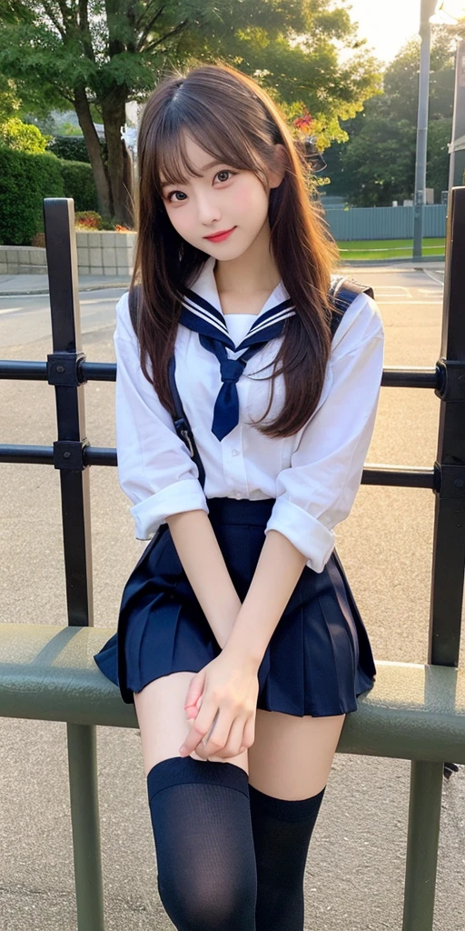 gray Eye, Korean school uniform, summer school uniform shirt, ribbon tie, skirt, bright blonde, school stairs, going down school stairs, Chest-up posture, exaggerated chest pose, 8K RAW photos, high resolution, 16 year old handsome Korean boy, very large round breasts, 美丽的Eye细节, long eyelashes, beautiful double eyelids, eye shadow, Eyeliner, slender Eye, 拉长Eye形状, Three white Eye, Smile, Eye, Beautiful and thin legs, Beautiful and thin thighs, random hit, Hair tied behind the head, earrings,