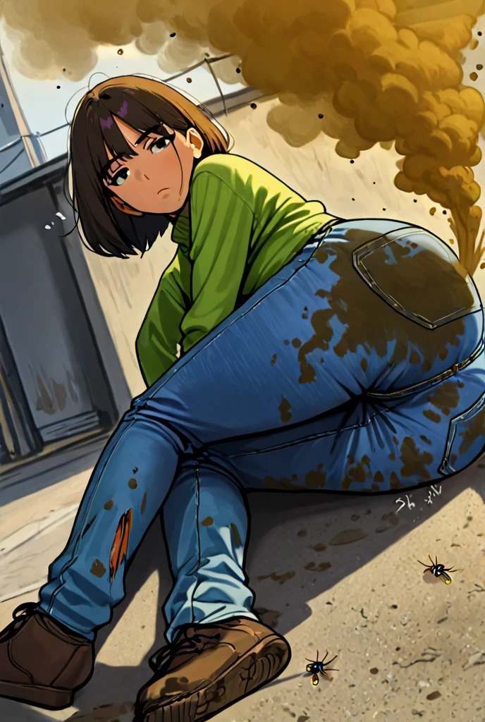 1girl,kobeni,((lying on the floor)),showing the ass, view from behind, in four,fall,sore,,miniskirt, showing panties,watery eyes,clutching head,expression of pain,leg wound,full body, perfect anatomy,crying,