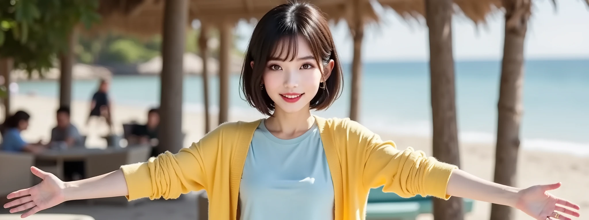 , Japanese Girls , (smile:0.7), Arms crossed, Arms crossed, I hold you in my arms, Boost, Upper Body, White long sleeve knit, Separate swimsuit, big , Beautiful thighs,Please reconsider, Tight waist, Thin thighs, Thin legs, Long legs, にやにやのsmile, Very short hair , Bob Hair, (High color saturation:1.0), (Very detailed肌), (Highest quality:1.0), (Ultra-high resolution:1.0) ,(Realistic:1.0), (Very detailed:1.0), (8k, RAW Photos:1.1)
