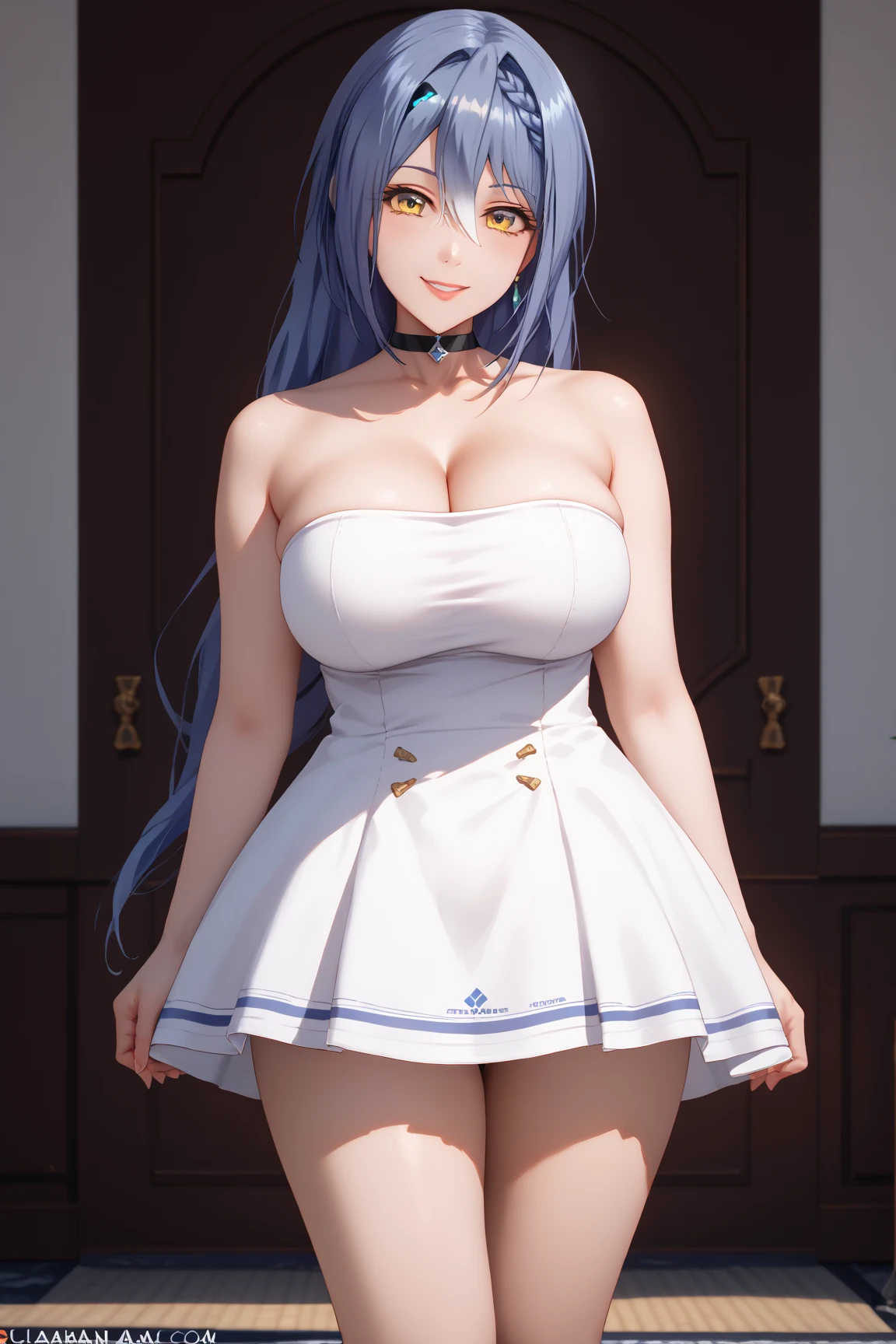 official art, masterpiece, sharp focus, (beautiful gorgeous cute european: 1.3), (beautiful cute european: 1.3), european beauty, delicate and beautiful hair, eyes and face, realistic, super detailed, beautiful girl, blue sky, glow white particle, (side lighting: 1.2), sunlight, white cloud, detailed clouds, slim, beautiful extra-large breasts and very large hips, smile with teeth, ((smile with eyes, open both eyes)), decorations, long straight hair, sexy facial expression, building, (cityscape: 1.7), dynamic hair, long straight hair, detailed platinum pink hair, glowing blue eyes, (blue pleated shirts + white skirt), white long socks, pale skin, hair decoration, epic landscape.