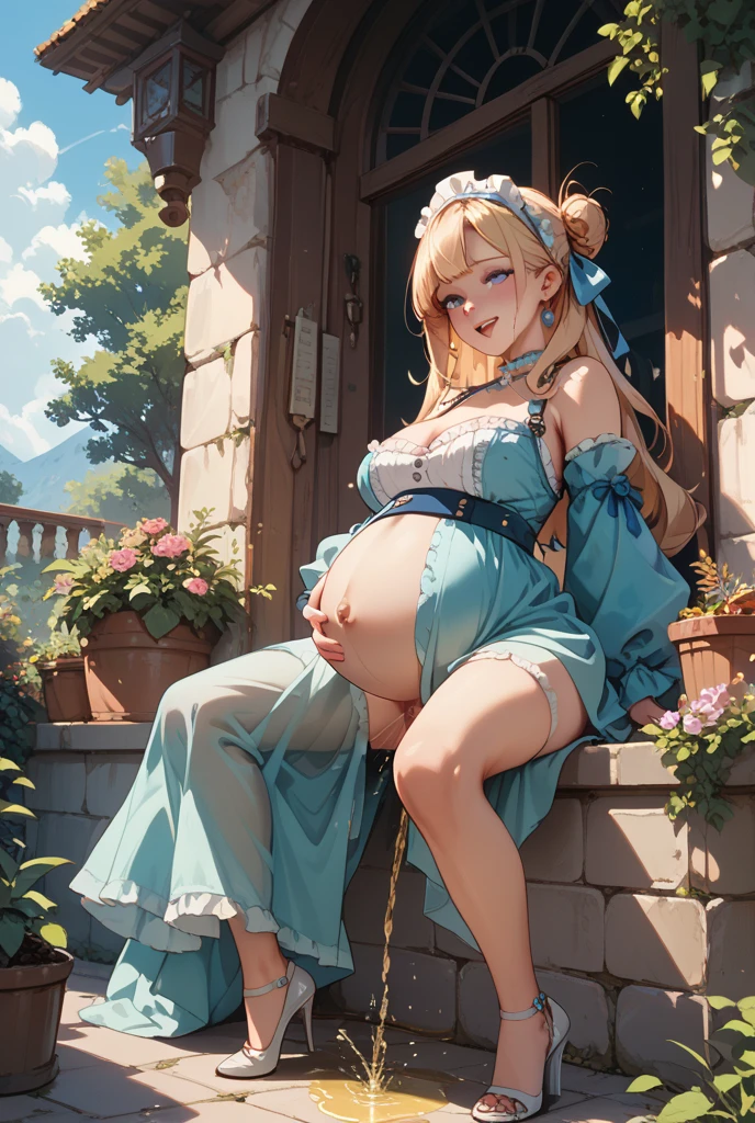 picture, 1 girl, solo, short sleeve, green eyes, looking at viewer, (crying), simple background, heart 1girl,steam, thong, (megumin), witch hat, red dress, magic wand,pregnant woman, tense underwear, white underwear, excited face, wet skin, face asking for help, full body portrait --auto --s2