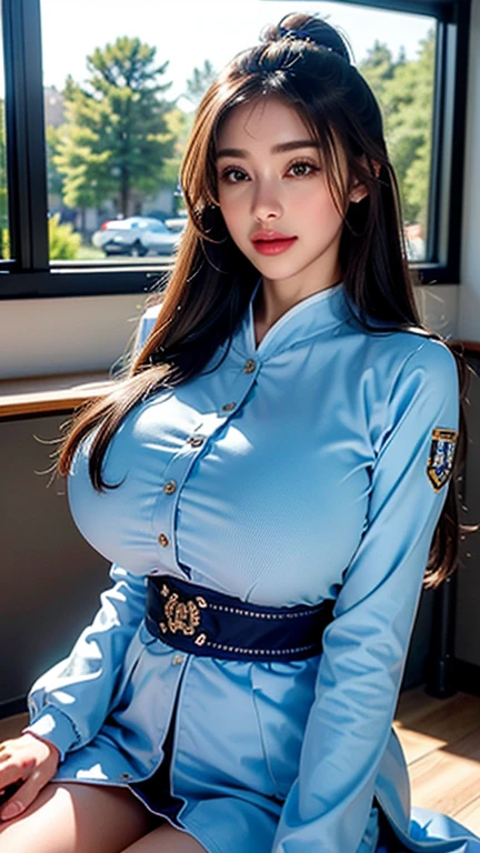 Highest quality, 8K quality, Masterpiece, Two busty women standing side by side facing this way, (Super big breasts compressed by clothes:1.3), Whitening skin, Sparkling Blue Eyes, Deep crimson sailor collar uniform, Pleated skirt, Above the knee, Skirtliftv1, (Super big breasts squeezed with hands:1.3), (Super big breasts in a frontal view), White panties, Breast Grab, skirtlift,