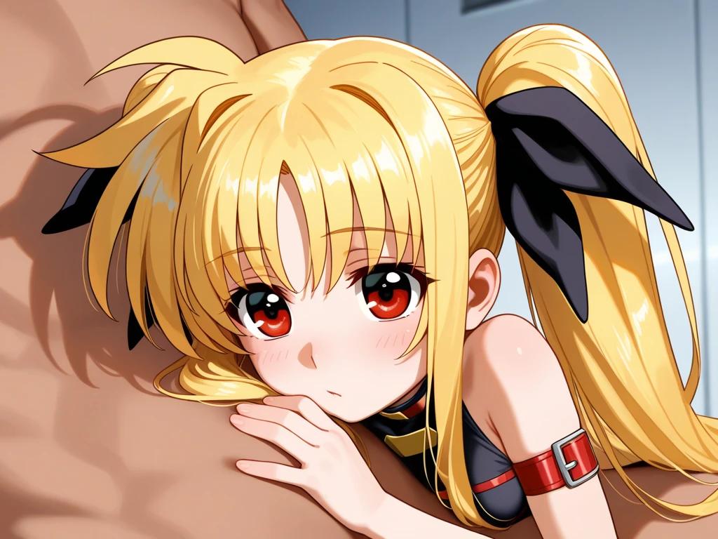 nsfw , Fate Testarossa , lyrical nanoha , (((highres official art))) , (((Anime Pinups))), (((best quality))) , (((extremely detailed CG unity 8k wallpaper))) , (((completely nude))) , (((1girl))) , (((solo))) , (((blondehair))) , (((twintails))) , (((black ribbon))) , (((red eyes))) , (((collar))) , looking at viewer , half-closed eyes, blush, :o, worried , (((bedroom)))