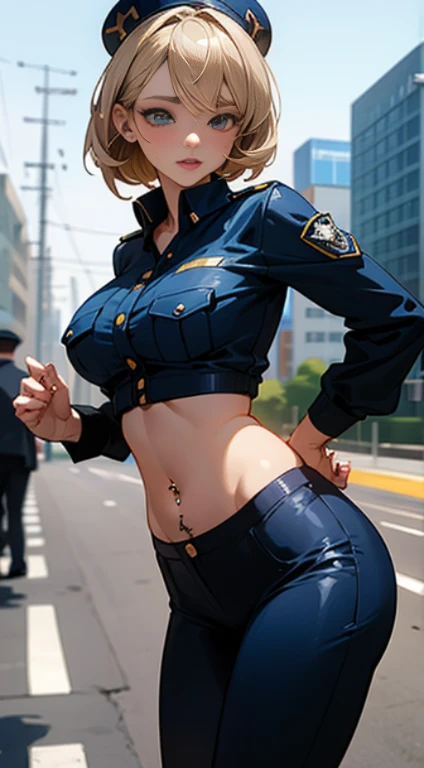 unparalleled masterpiece, ultra realistic 8k CG, perfect artwork, (1girl:1.1) , solo, ((perfect female figure)), (nsfw), looking at viewer, mature female, bimbo (android 18) standing, (teasing), best quality:1.1 , seductive posture, sexy pose, alluring, (beautiful), (curvy), (thick), blonde hair, (blue eyes:1.2), short hair, earrings, jewelry, denim vest, open vest, black pantyhose, black shirt, denim skirt, striped long sleeves, blue skirt, toned legs, fit, (abs:1.1), (big butt:1.4), peach ass, (athletic body:1.2), (large breasts:1.3, (big_breasts:1.1), wide_hips:1.5, narrow waist, small waist:1.5, slender body:1.2, thick thighs:1.3), (shiny skin:1.2), (hdr), (street:1.2), Nikon D850 film stock photograph Kodak Portra 400 camera f1.6 lens, rich colors, lifelike texture, dramatic lighting, unreal engine, trending on ArtStation, by Gerald Brom, by Frank Frazetta, by Luis Royo, by Julie Bell, by Boris Vallejo