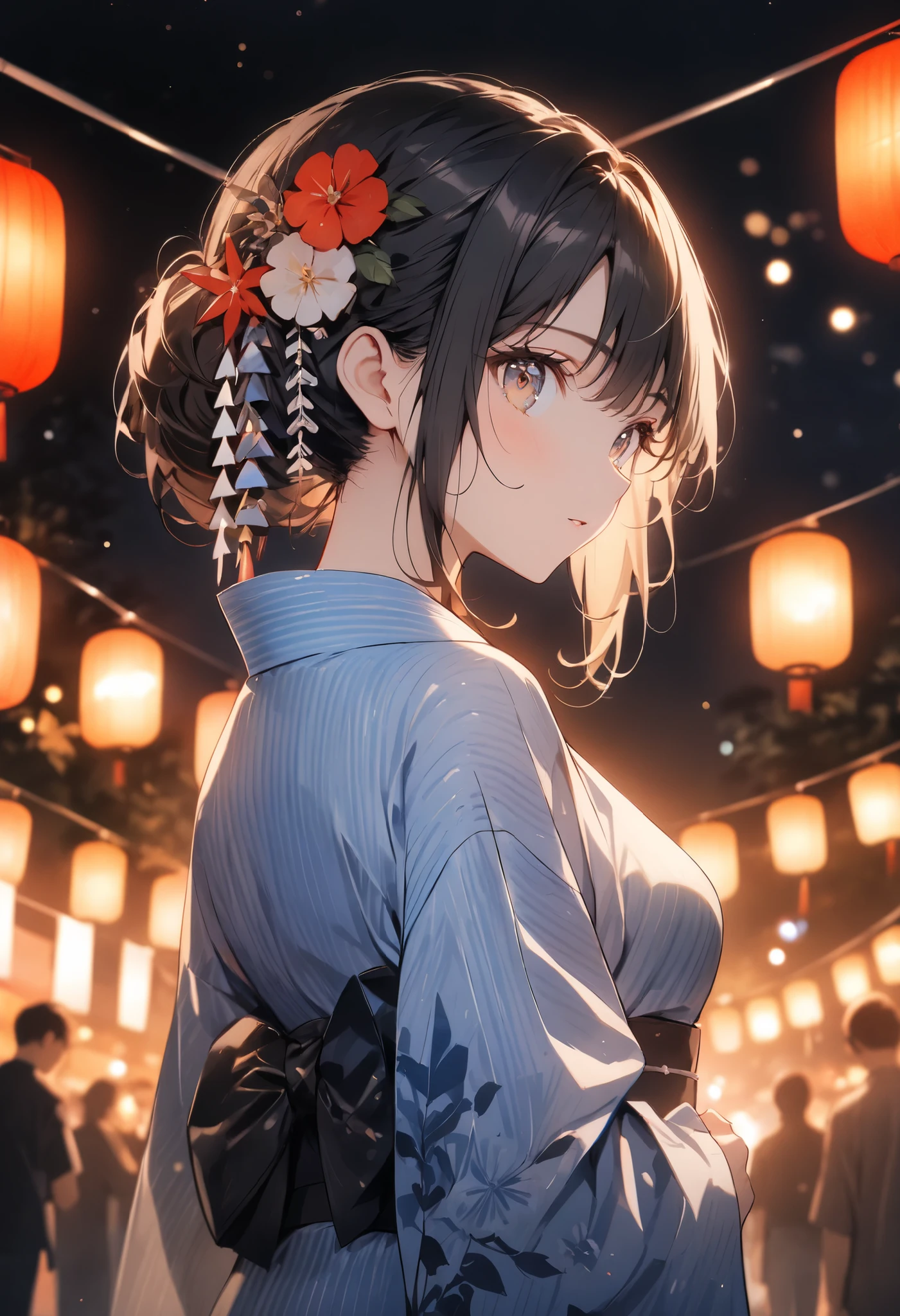 超high resolution, Attention to Details, High Quality, high resolution, 最High Quality, 4K, 8k, (best quality), 1girl, yukata, summer festival, hair ornament, bokeh background, looking back, night, warm lights, beautiful eyes, anime style