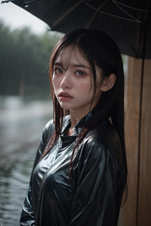 realistic photo under heavy rain, a 17-year-old big breasts girl twintail hair wearing a shiny red parasite t-shirt and jacket with a half-breasted heart and a pleated skirt with a complicated star pattern hugs her knees, while tears flow like a very realistic river current, hyperrealism, realistic lighting, ultra skin texsture, stable diffusion, perfect anatomy, crazy details, hyperrealism body, hyperrealism face, hyperrealism breast, hyperrealism hair, hyperrealism shadows, hyperrealism texsture, hyperrealism skin texsture, hyperrealism detailed face, hyperrealism detailed body, hyperrealism detailed breast, hyperrealism detailed hair, hyperrealism detailed anatomy, hyperrealism detailed lighting, hyperrealism detailed shadows, hyperrealism detailed texsture, hyperrealism detailed background, hyperrealism detailed heavy rain, hyperrealism detailed wet body, hyperrealism detailed wet t-shirt