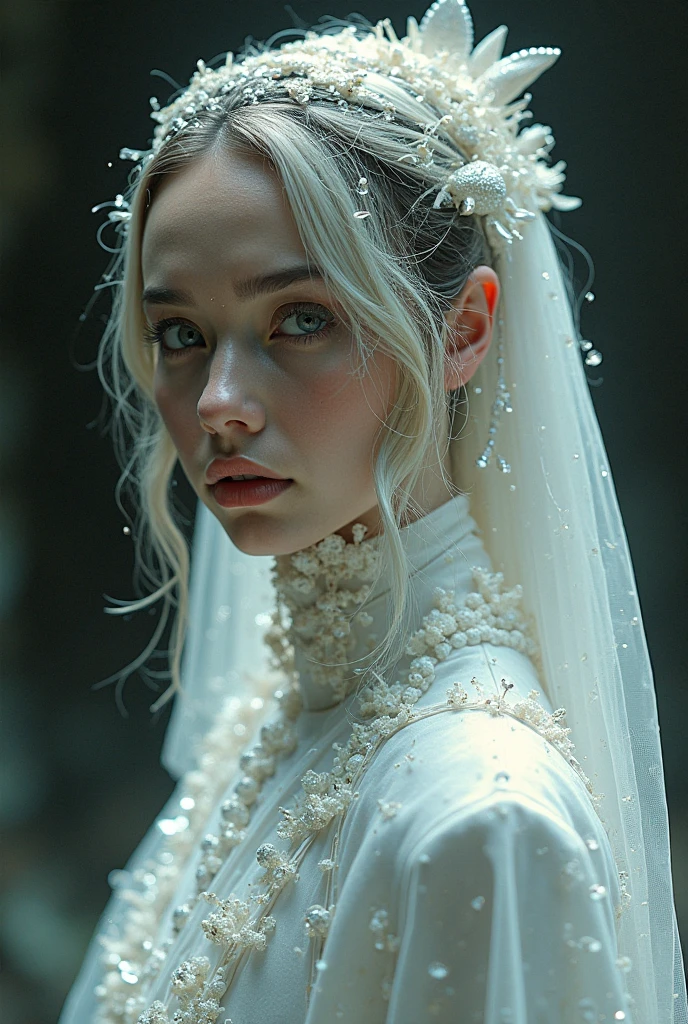 Masterpiece, Superb Piece, Daytime, Outdoor, Falling Flowers, White Dress, 1 Girl, Perfect Woman, Silver and White Long Haired Woman, Gray Blue Eyes, Pale Pink Lips, Cold, Serious, Bang, Purple Eyes, White Clothes, Black Clothing Lines, Delicate Face, Exquisite Face, Standing Bow, Tassels, Happiness Knot, Smile