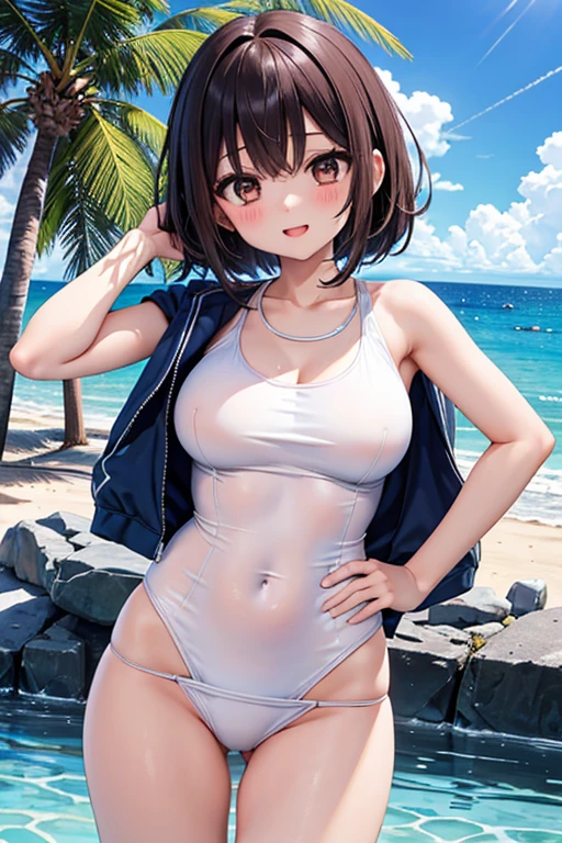 NSFW, Boyish, racing swimsuit, normal breast, short hair, short, black hair, smile
