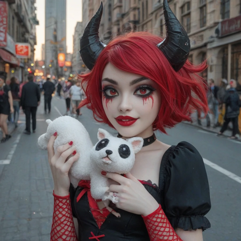 pov lifelike beautiful professional UHD selfie photograph of the world's most (incredibly cute lovely teen real devil girl wearing a cute outfit, a breathtaking viewer, teasing smile:1.2), Dracula teeth, an astonishing fantasy city market. The girl is squatting in a fantasy market, (surrounded by ultra realistic sweaty fantasy monsters:1.25). ((masterpiece ultra highly detailed texture sharp focused photo in the beautiful natural light, perfect perspective and proportions))