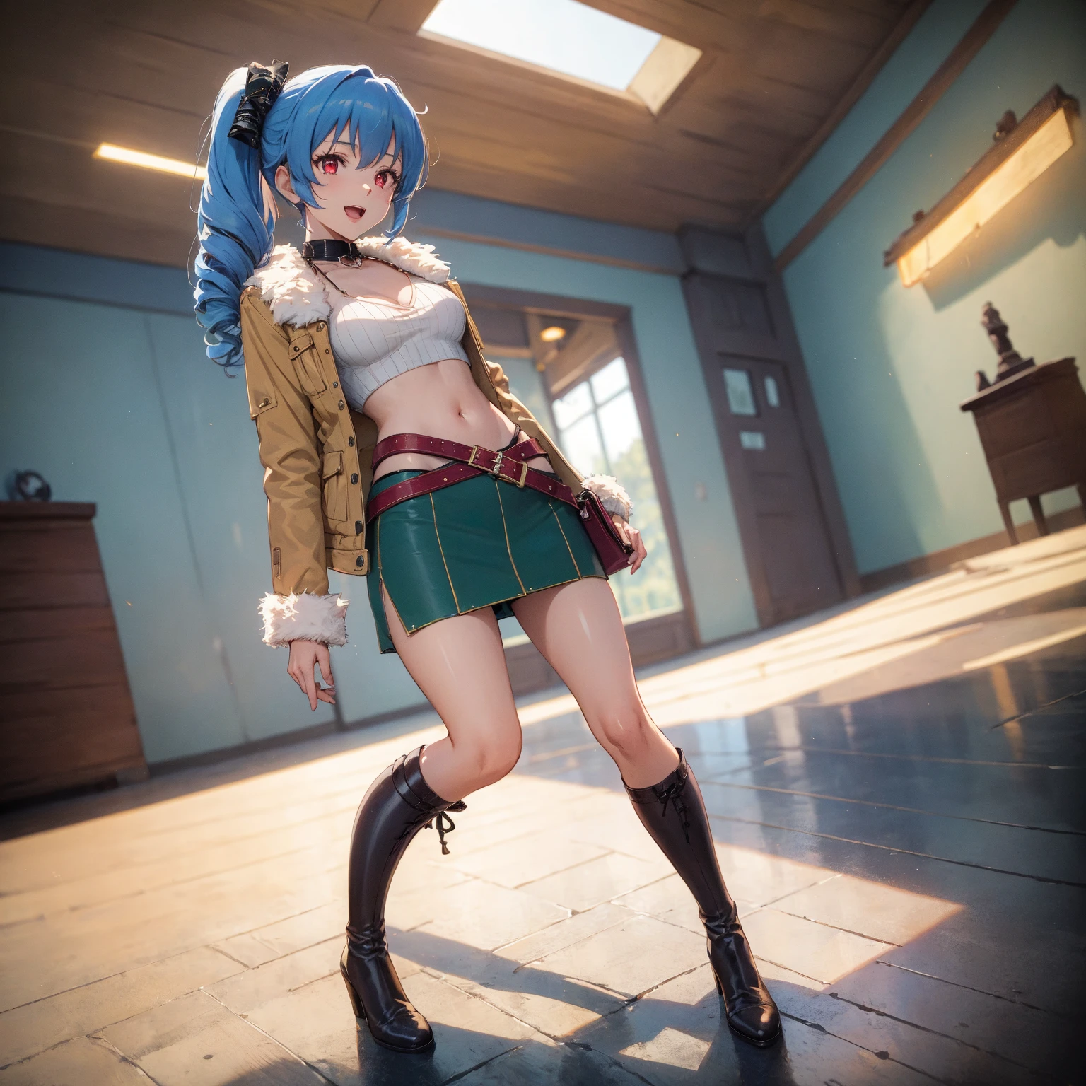 ((Best Quality)), ((Masterpiece)), (detail: 1.4), 3D, , (Ranma-chan: 2.1) (braided ponytail, single ginger braid ), charming smile, short hair, (short blue hair), leaky belly button, vibrant blue eyes, short skirt, white top, looking at the viewer,, background of the sea, (excellent detail, outstanding lighting, wide angle), dramatic shadows , ray tracing, NVIDIA RTX, Super Resolution, Unreal 5, Subsurface Scattering, PBR Textures, Post Processing, Anisotropic Filtering, Depth of Field, Maximum Sharpness and Acutance, Multi-Layer Textures, Albedo and Highlight Mapping, Surface Shading, Accurate Simulation of Light-Material Interactions, Perfect Proportions, Octane Rendering, Two-tone Lighting, Wide Aperture, Low ISO, White Balance, Rule of Thirds, 8K RAW, sfw, visible through the top, erect under the clothes, (extra-fine clothing material), full body pose, ((white boots)), view from ((side)), (perfect ass), (underboob), (hands and knees down)