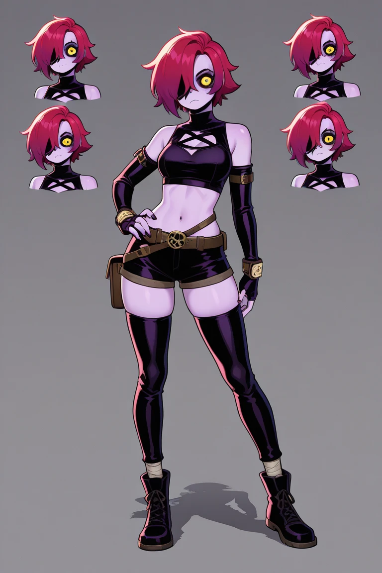Give me an image with a white background, with the full body reference from head to toe of a 2D female animated character with her whole body facing forward, with arms at sides in the style of the game Skullgirls