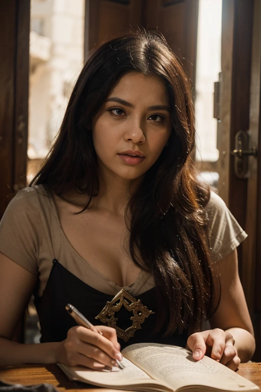 (RAW photo, best quality), (realistic, photo-realistic:1.3),best quality,highly detailed,masterpiece,ultra-detailed, Indian, 38 years, portrait, tight black clothes, illustration,1girl,upper_body,dynamic angle,world masterpiece theater,messy_long_hair,best quality,extremely detailed CG unity 8k wallpaper,ink,Amazing,cinematic lighting,lens_flare, dunhuang_style