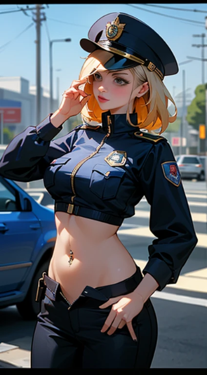 Girl, policewoman, short yellow hair, blue eyes, big breasts, exposed stomach, tight shorts, beauty, seductive