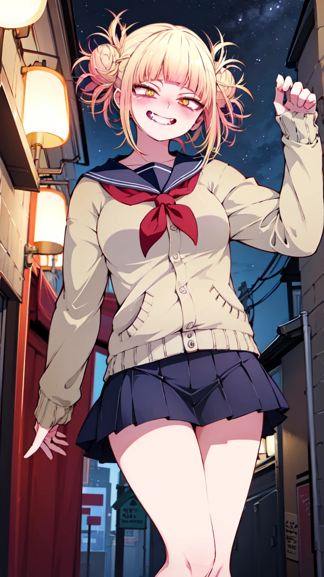 source_anime, best quality, clear face, Toga Himiko, blonde hair, yellow eyes, short hair, large breasts, perfect body, looking at viewer, smile, panda costume, in the city at night, standing, dynamic angle, from behind view, big ass ,seductive anime girl, sfw version.
