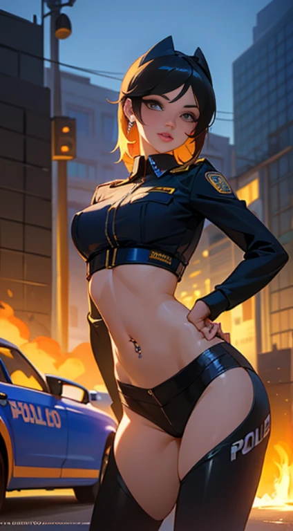 Woman, Reality, (Berets), (Headphones), (High-Fork Tights, Police Uniform, Police Logo) (Pantyhose), (Lips slightly open, light smile), (Shiny skin: 1.1), Blush, (Looking at the audience), (Bodybuilding), (Full Body), Masterpiece, Highest Quality, High Resolution, Absurd, Realistic