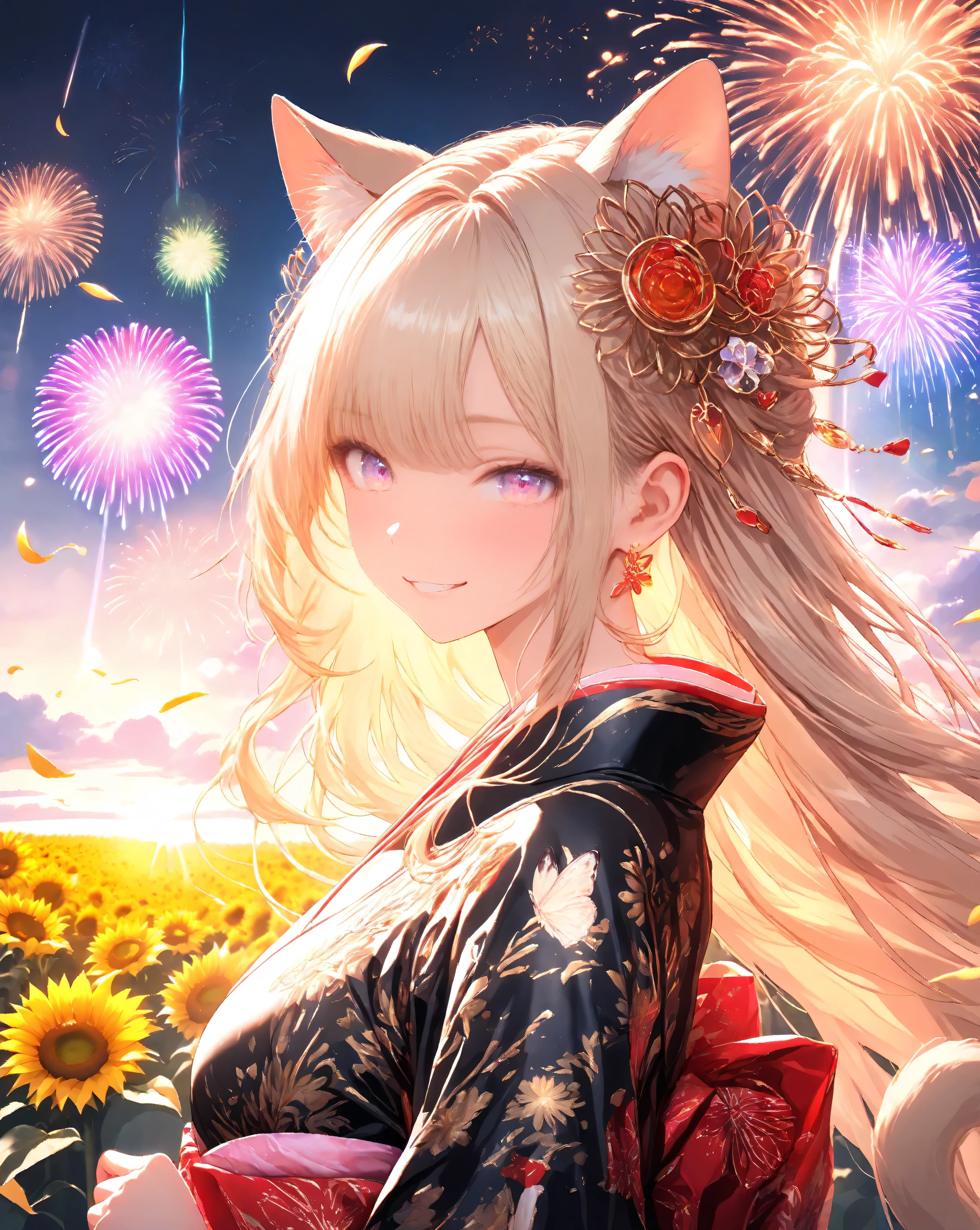 Quality: 
(high score), (masterpiece, detailed:1.2), (ultra-detailed), (ultra-quality), (super-resolution),

Art Style: 
(photorealistic):1.4, (2.5D):1.5, (warm cinematic lighting):1.5, (volumetric light rays):1.4, (vibrant sunset to night palette):1.3, (ethereal atmosphere):1.2, (dreamy aesthetic):1.1,

Subject: 
(close up), (upper body), (Foreground), (Breathtaking Fairy Cat Woman):1.5, (Sassy Paw pose):1.2, (triumphant-grin):1.4, 
(delicate vivid eyes), (delicate lips),(smooth Slender body lines):1.3, (translucent skin), (graceful legs), (delicate contours), 
(blonde hair with Soft Light):1.2, shimmering with light, detailed strands, silky texture, flowing in wind, natural highlights, (delicate cat ears):1.3, (delicate cat tail):1.3, (kimono with cat tail):1.2,

Outfit: 
(black kimono with gold floral patterns):1.6, (soft chiffon fabric):1.4, (golden obiage):1.3, (red obijime):1.3, (golden fukuro obi with floral pattern):1.4, (zori sandals), draped sleeves, red collar accents, red ribbon in hair, sunflower hair ornament,

Background: 
(night sky with vibrant fireworks):1.5, (colorful bursts in red, gold, purple), (orange to dark blue gradient), (sunflower field):1.4, (sunflowers facing sky), (detailed petals), (bokeh effect):1.3, (shallow depth), 
(distant hills):1.2, (blurred background), (lighting to night), (lens flare), (moonlight rays):1.1, (dust particles), (sunflower petals to glowing butterflies):1.3, (iridescent wings with ethereal light), (butterflies with fireworks), (glowing trails), (magical particles),

