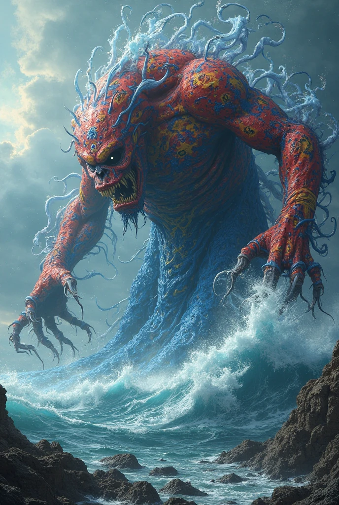 Amidst the tumultuous waves, a colossal kraken emerges, its massive tentacles lashing out towards the struggling ship. Onboard, fearless soldiers brandish their weapons, locked in a fierce battle to fend off the relentless onslaught of the monstrous sea creature.