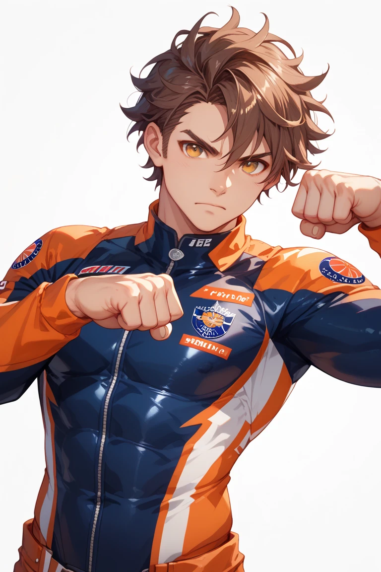 a sweaty muscular male human teenager, a muc in full rubber motocross gear hugs him from behin