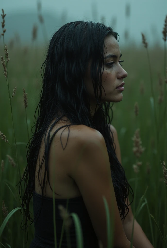 There is a woman with long black hair standing in the grass., wet skin and windblown hair, wet dripping long hair, wet hair, wet flowing hair, wet dripping hair, inspired by Elsa Bleda, naked against the storm, carnal ) wet, rain and thick strands of mucus, inspired, wet hair, soaked body